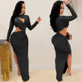 C5550 summer new european and american  cross-border fashion long sleeve sexy hollow-out slit maxi dress for women