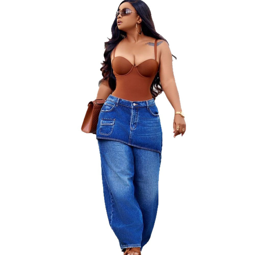 European and american style straight-leg jeans,  cross-border new women's streetwear washed elastic waist denim skirt pants