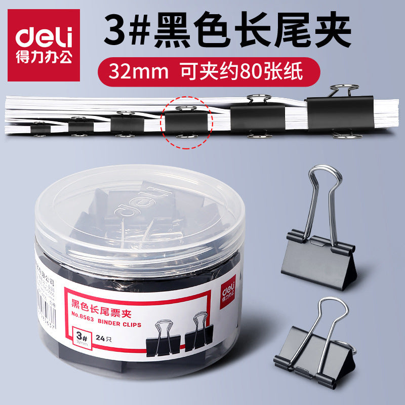 Deli Stationery 8563 Long Tail Ticket Clip Iron Clip Swallow Tail Clip Ticket Clip 32mm Black Fish Tail Clip 24 pcs