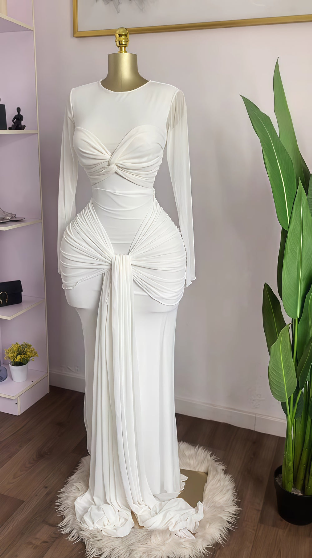 European and american cross-border women's fashion:  early spring new arrival - solid color long sleeve crew neck bandeau bodycon elegant maxi dress