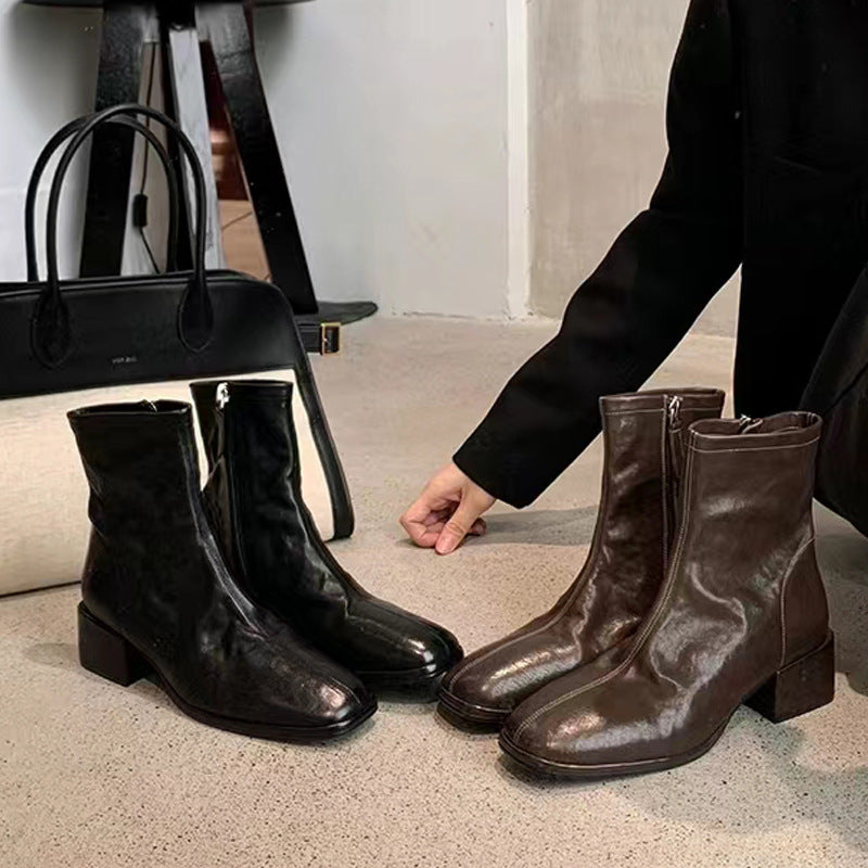 Influencer-approved korean-style square-toe, washed horsehide, slim-fit ankle boots for women. new autumn collection featuring chunky heels and a trendy bare-leg design
