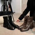 Influencer-approved korean-style square-toe, washed horsehide, slim-fit ankle boots for women. new autumn collection featuring chunky heels and a trendy bare-leg design