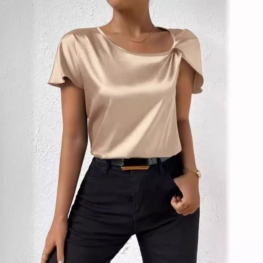 european and american export cross-border supply summer satin short-sleeve top - satin twist knot solid color loose fit versatile women's top