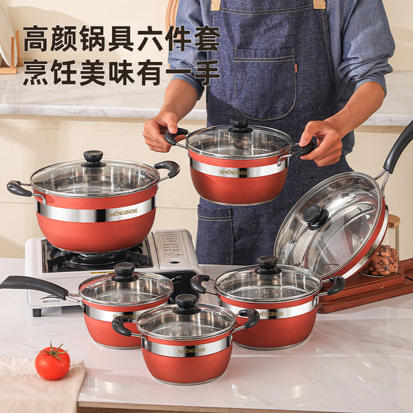 Cross-border pot set Household pot set Stainless steel frying pan Soup pot Induction cooker 12-piece set Colorful kitchen utensils