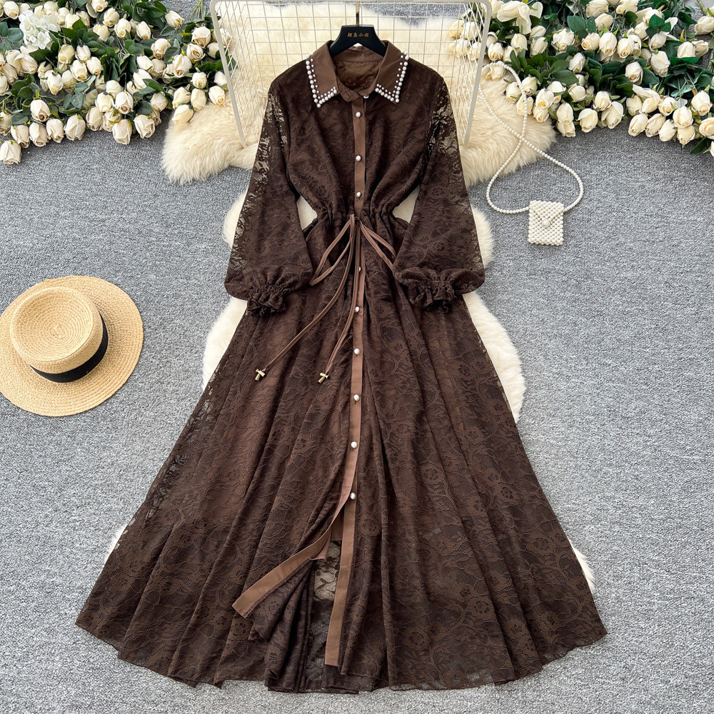 Frenchelegantelegance heavy industry beading lapel lantern sleeve single breasted strap waist slimming looklacedress women