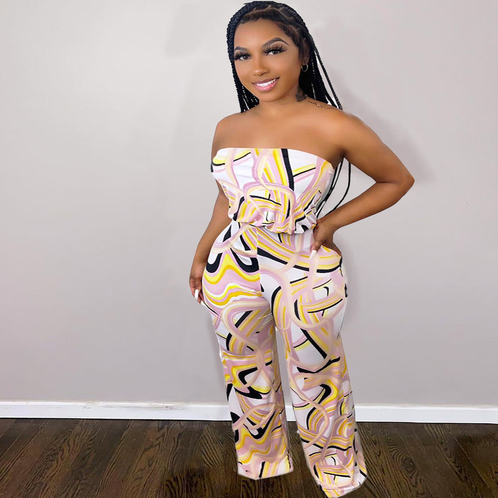 European and american cross-border women's fashion:  new sexy printed off-the-shoulder wide-leg jumpsuit