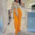 D3241 european and american foreign trade women's cross-border outfit: autumn printed turn-down collar long-sleeve shirt top and wide-leg pants two-piece set