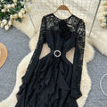 Frenchclassy stereo flower rufflespatchworklong sleeveslacedress women's accessible luxuryelegance dress long skirt