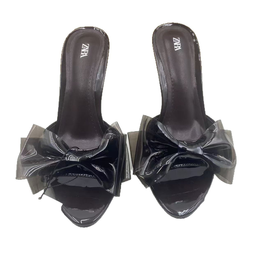 Za 2024 summer new women's pink bow high heel mules - round toe, open back, stiletto heel sandals