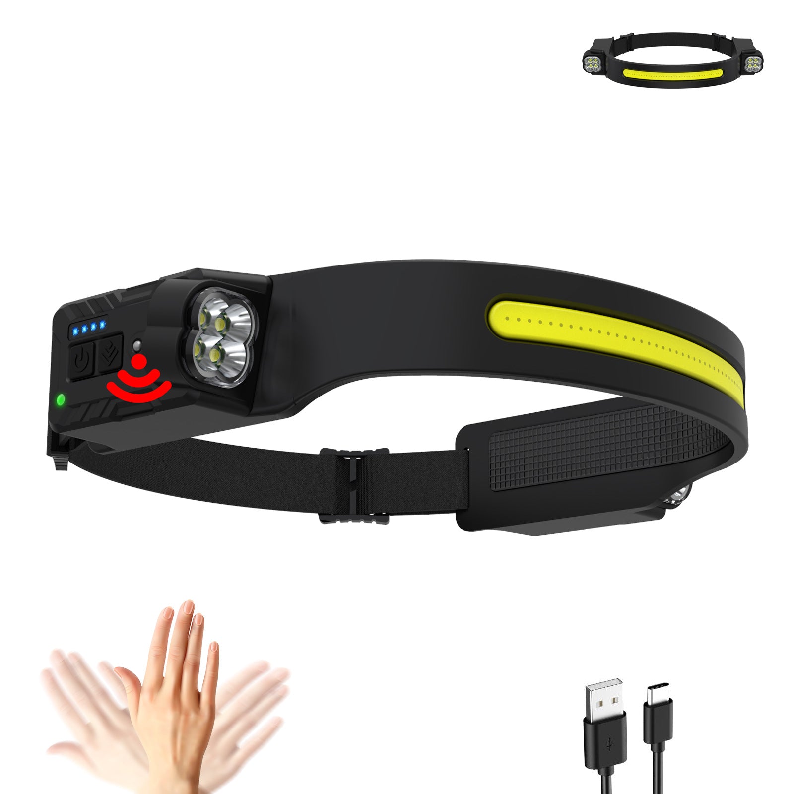 Cross-border new silicone double-head adjustable COB headlight, rechargeable night running, riding, camping induction headlight