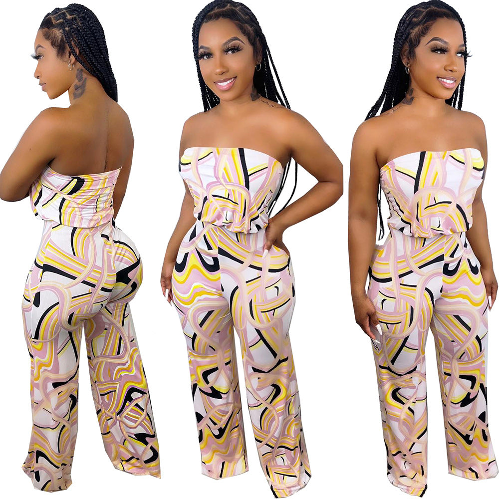 European and american cross-border women's fashion:  new sexy printed off-the-shoulder wide-leg jumpsuit