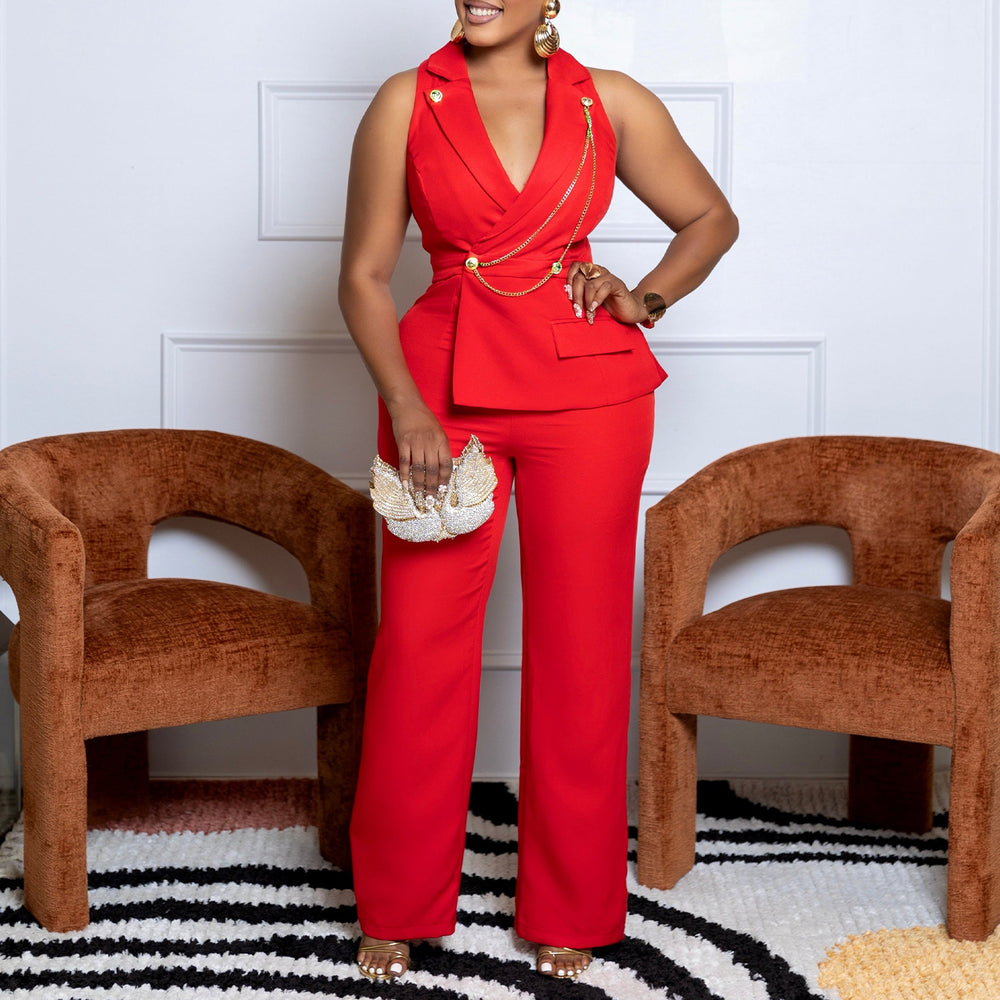 C8604export women's clothing  fashion suit collar sexy fashion chain casual wide leg african jumpsuit