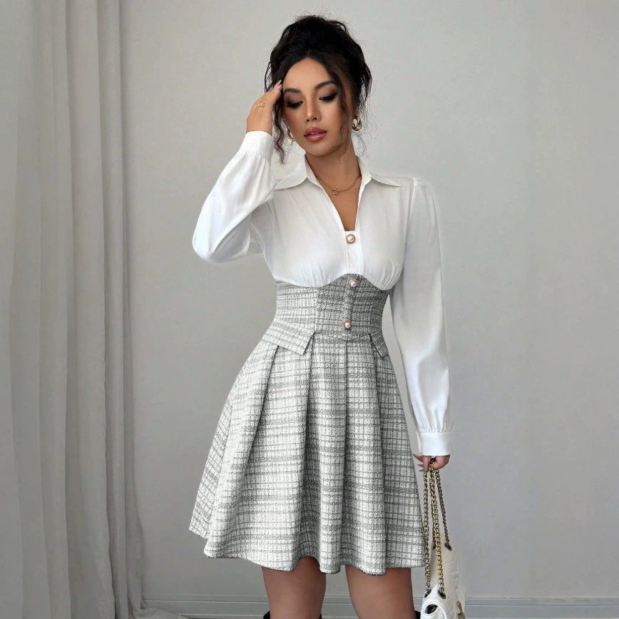 Fashion cross-border  accessible luxury thick flower patchwork short skirt pure white lapel long sleevestopsmatching light gray dress