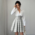 Fashion cross-border  accessible luxury thick flower patchwork short skirt pure white lapel long sleevestopsmatching light gray dress