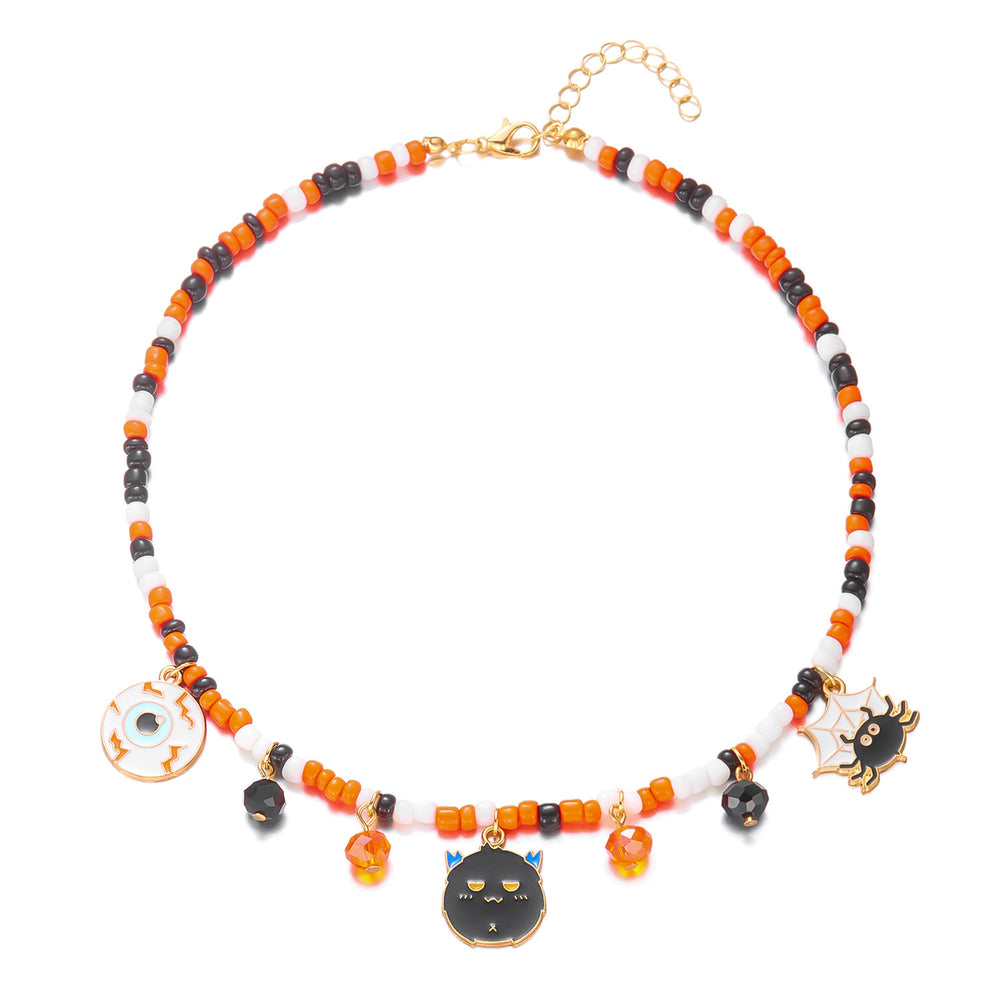 Halloween necklace wholesale fashion funny pumpkin ghost cat pendant horror contrast color rice beads string clavicle chain
