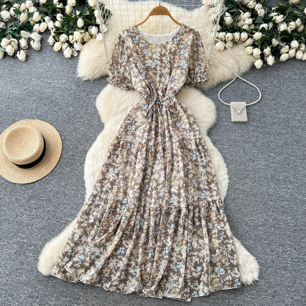 French floral v-neck dress - women's summer  collection: round neck, short sleeve, slim fit, ruffle hem, elegant maxi dress