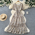 French floral v-neck dress - women's summer  collection: round neck, short sleeve, slim fit, ruffle hem, elegant maxi dress
