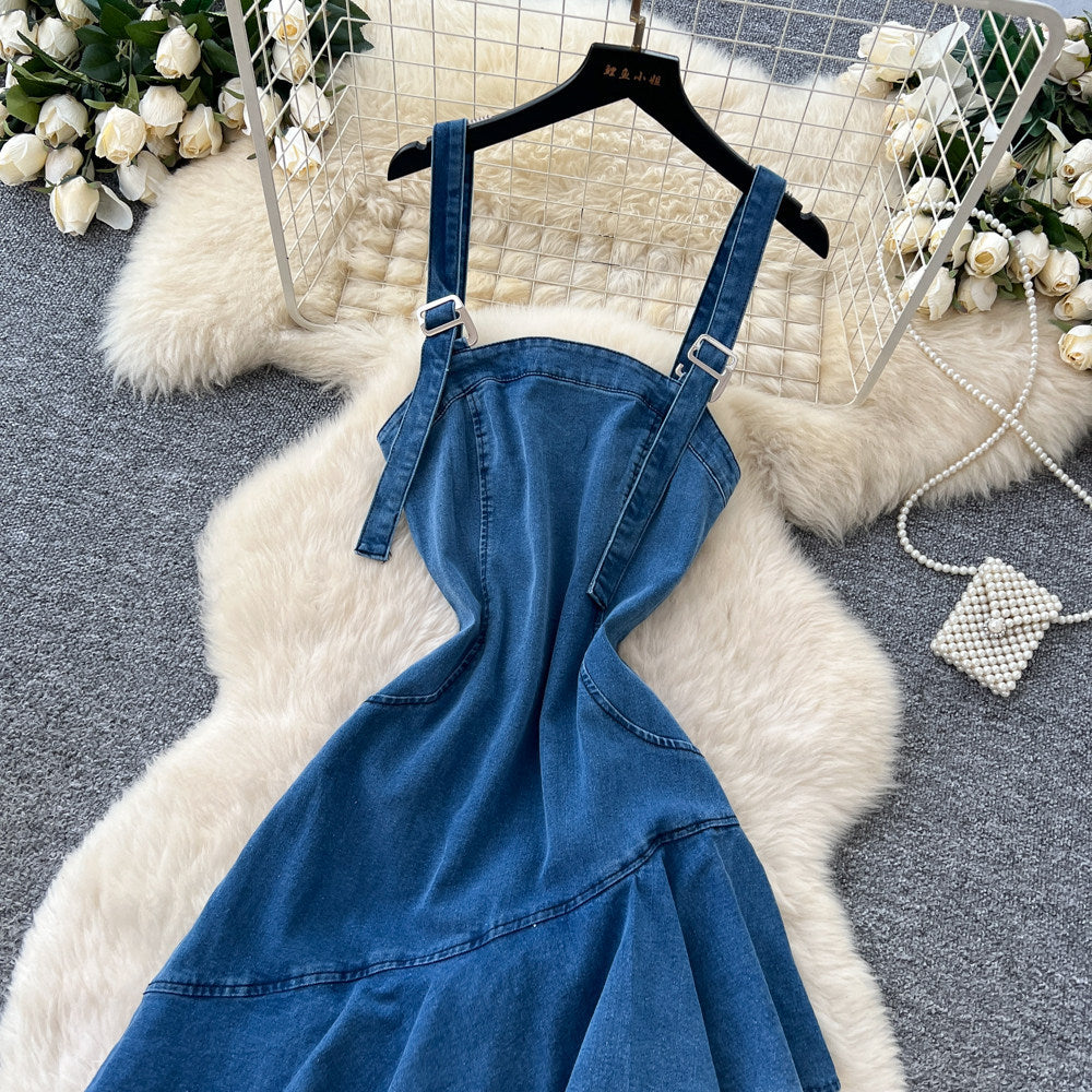 Korean style denim cami cake dress for women,  summer ruffle asymmetrical mermaid skirt, slimming and elegant