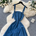 Korean style denim cami cake dress for women,  summer ruffle asymmetrical mermaid skirt, slimming and elegant