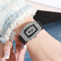 Whiskey barrel-shaped diamond-accented quartz watch - fashionable, trendy, and elegant women's silicone wristwatch - wholesale white