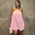 European and american cross-border women's fashion  summer new arrival: elegant halter neck asymmetrical pink camisole dress with 3d floral appliqués