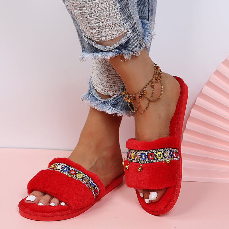 autumn and winter new arrival one-line soft bottom ethnic style fur slippers women's foreign trade large size fur ball heattech cotton dropshipping