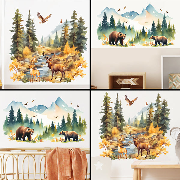 Cross-border new sticker nature scenery deer and brown bear creative self-adhesive sticker for home wall decoration