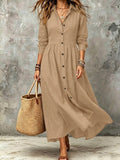 Plus size women's vintage shirt dress - long sleeve, button-down, notched collar, buttoned waist, pleated, flowy, loose fit, vacation style