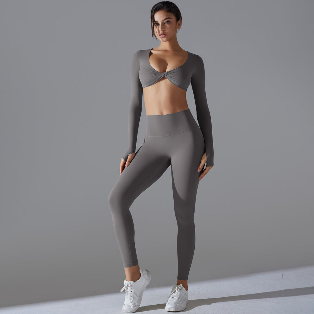 New solid color seamless underwear double-sided nylon long sleeve activewear yoga set - high elasticity, tight fit, anti-odor gym & yoga apparel