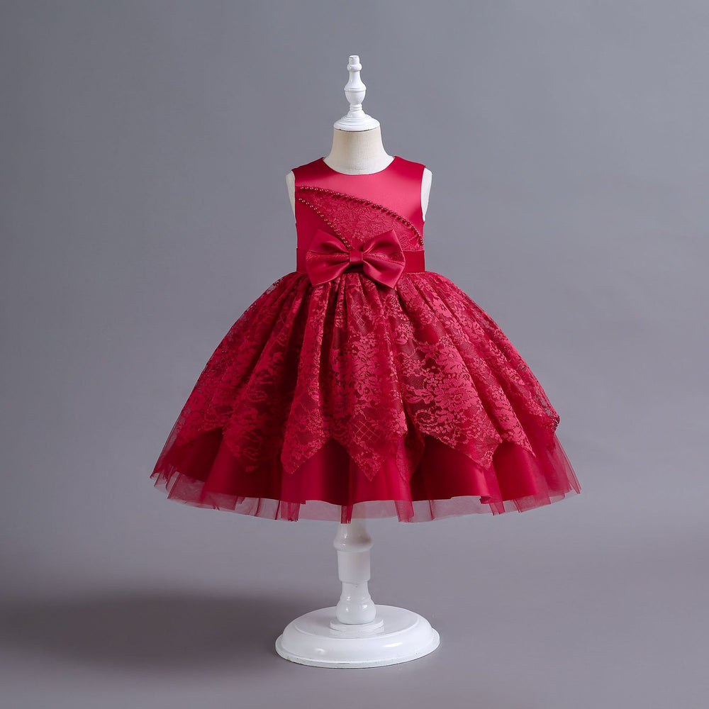 Ready-to-ship wholesale children's formal dresses, beaded floral patterned princess dresses for girls, perfect for everyday wear, birthdays, and banquets, made with satin fabric