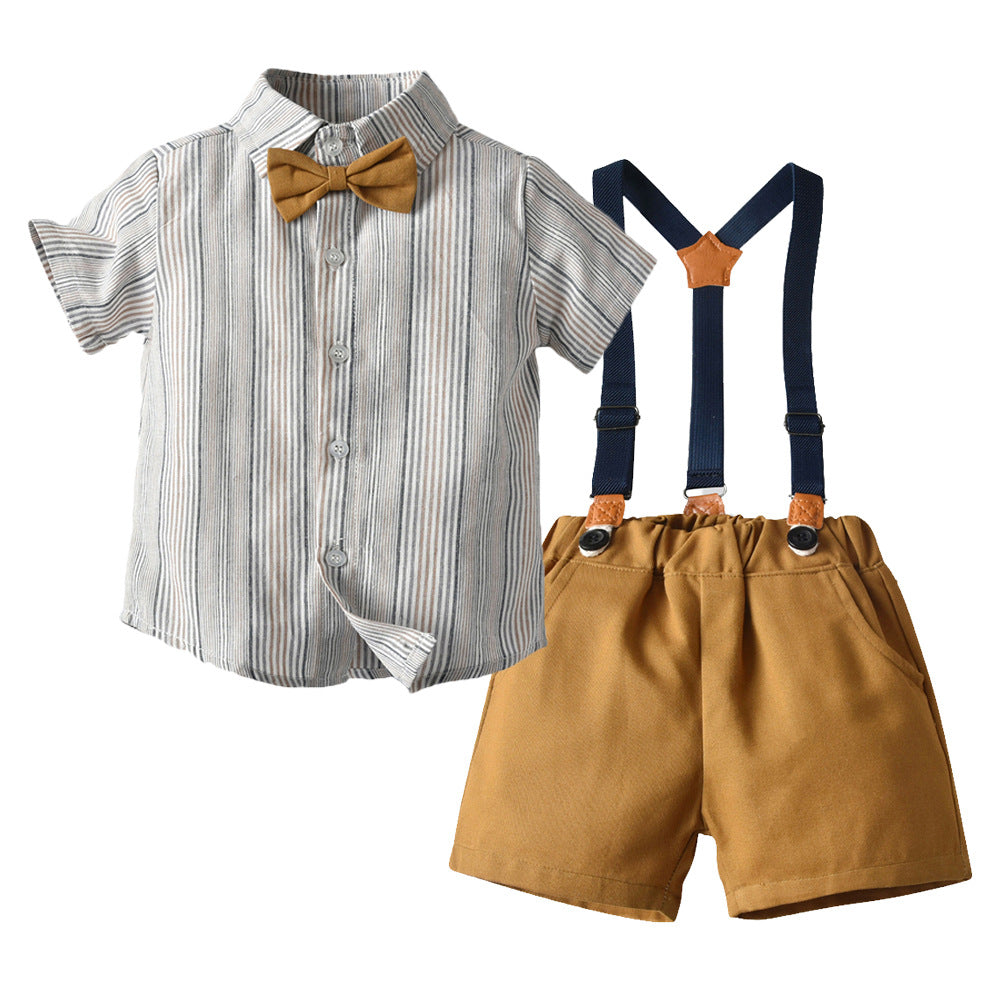 New boys' summer outfit set: striped short-sleeve shirt and overalls for mid-to-large children. customization available. wholesale from manufacturer. perfect for first birthday celebrations