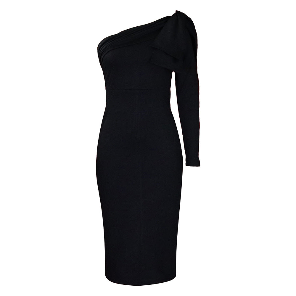D318 european and american women's clothing independent station  fall and winternew arrivalfashionelegant silm slanted shoulder sexyexportdress