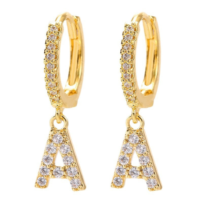 European and american gold-plated micro-paved zircon 26-letter initial pendant earrings - fashionable, unique, high-end, and chic hoop earrings with tassel detail