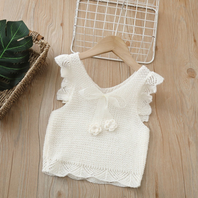 Spring/summer new girls' tank top with handmade floral bow, sweet knitted vest, girls' spring/summer outfit set