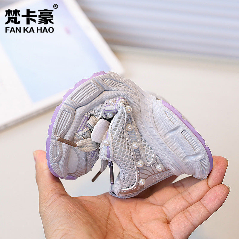 Vancahao kids' sneakers:  autumn new korean style girls' fashion pearl chunky sneakers, breathable running shoes