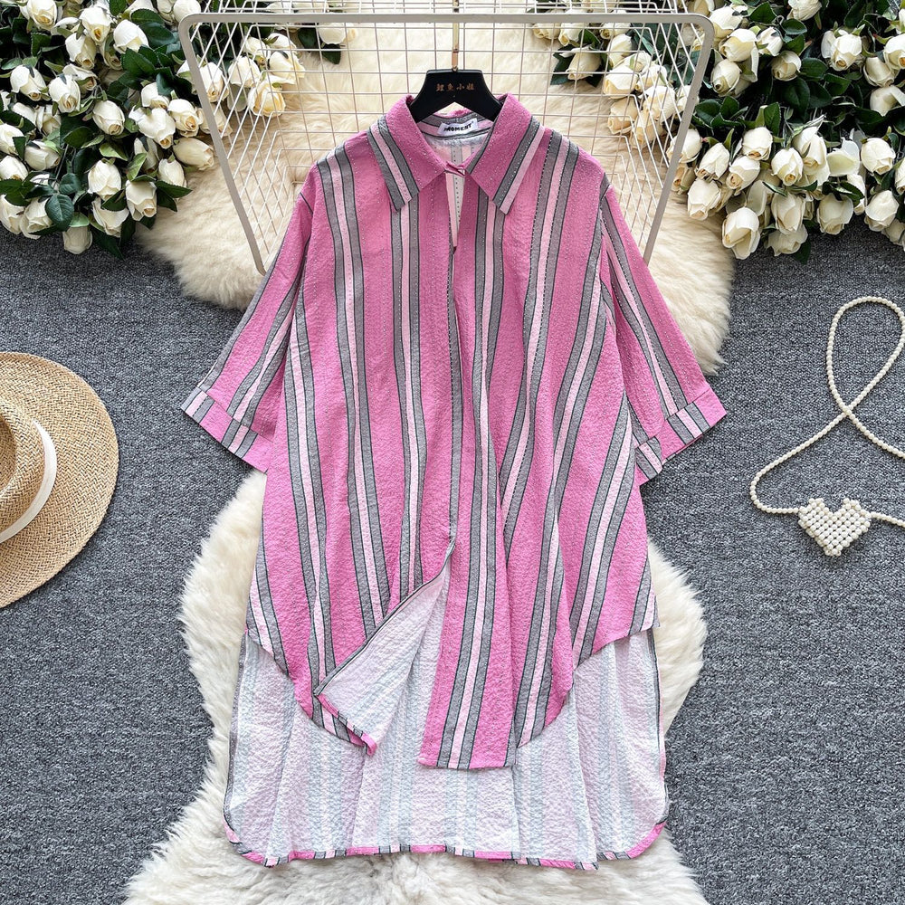 Relaxed fit shirt for women -  summer collection: effortless style, unique design, loose fit, slimming, casual, irregular striped pattern with hotfix rhinestone detailing