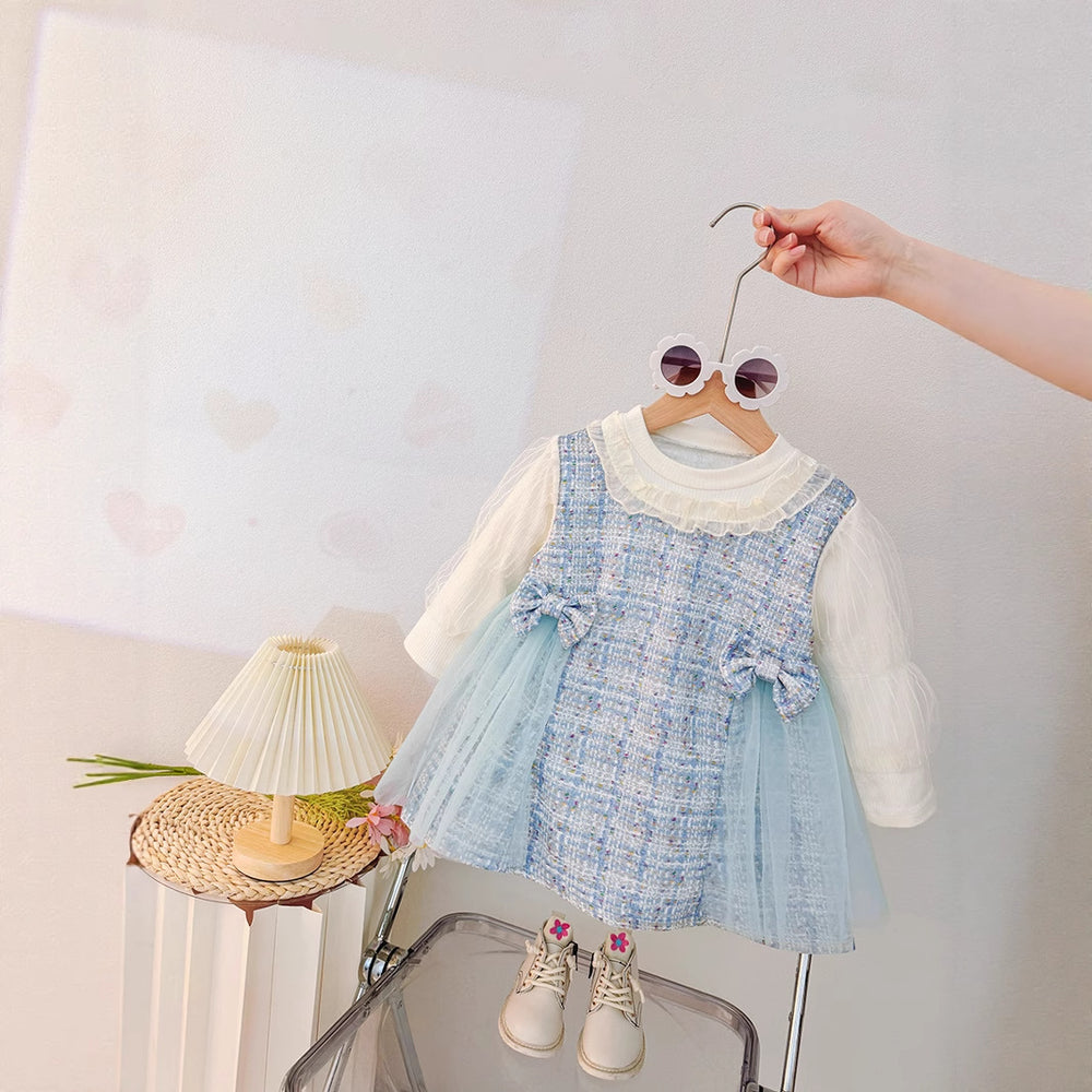 Girls' sweet & cute stylish long-sleeve dress -  new korean style faux two-piece princess dress for toddlers and young children