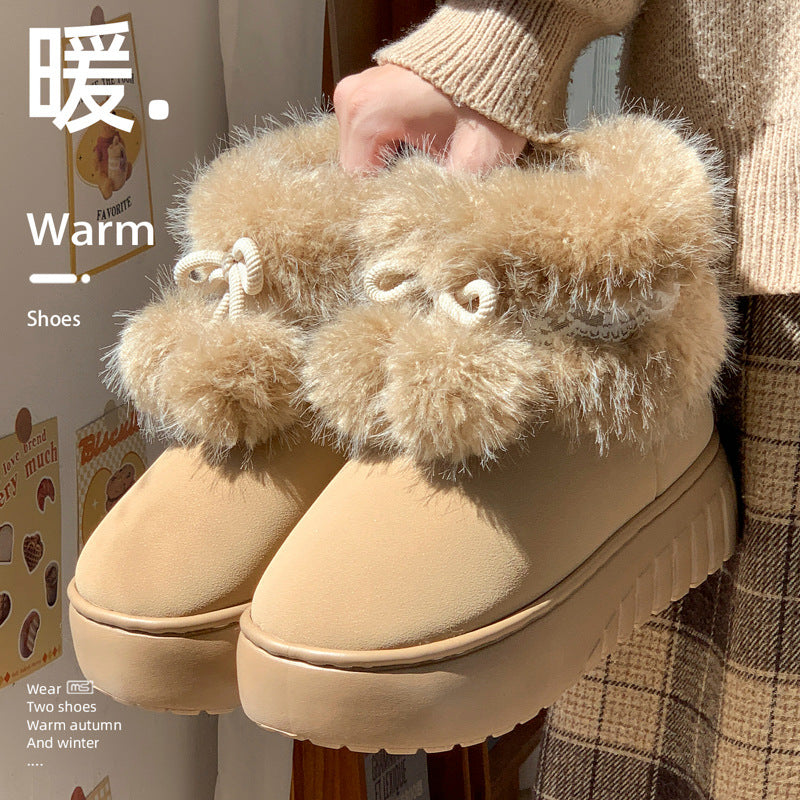 Fur ball snow boots for women winter2025new arrivalfleece-linedthickenedheattech fur thick sole short boots outwear northeast cotton shoes