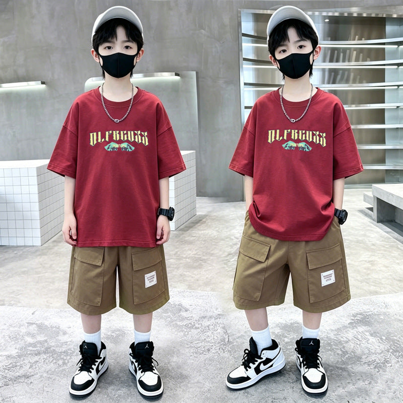 Boys' summer  new korean style fashionable two-piece set: trendy letter print casual outfit for older boys