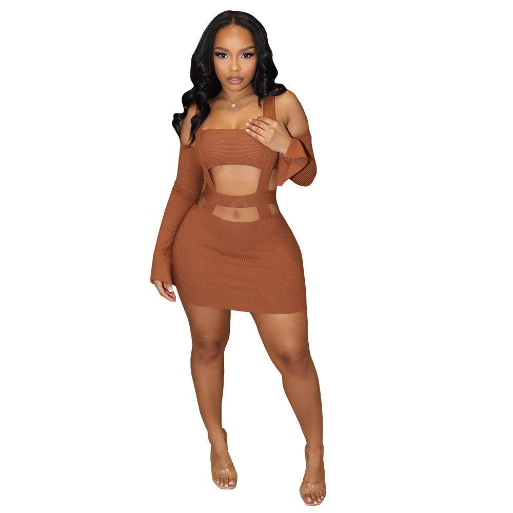 European and american cross-border women's fashion:  style sexy hollow-out cropped cami dress with attached sleeves and bodycon skirt