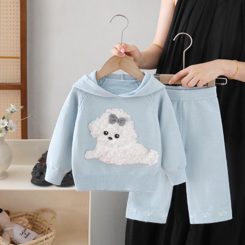 Kids' sweater set - new autumn/winter collection - baby girl cute cartoon puppy hooded knit sweater and pants set