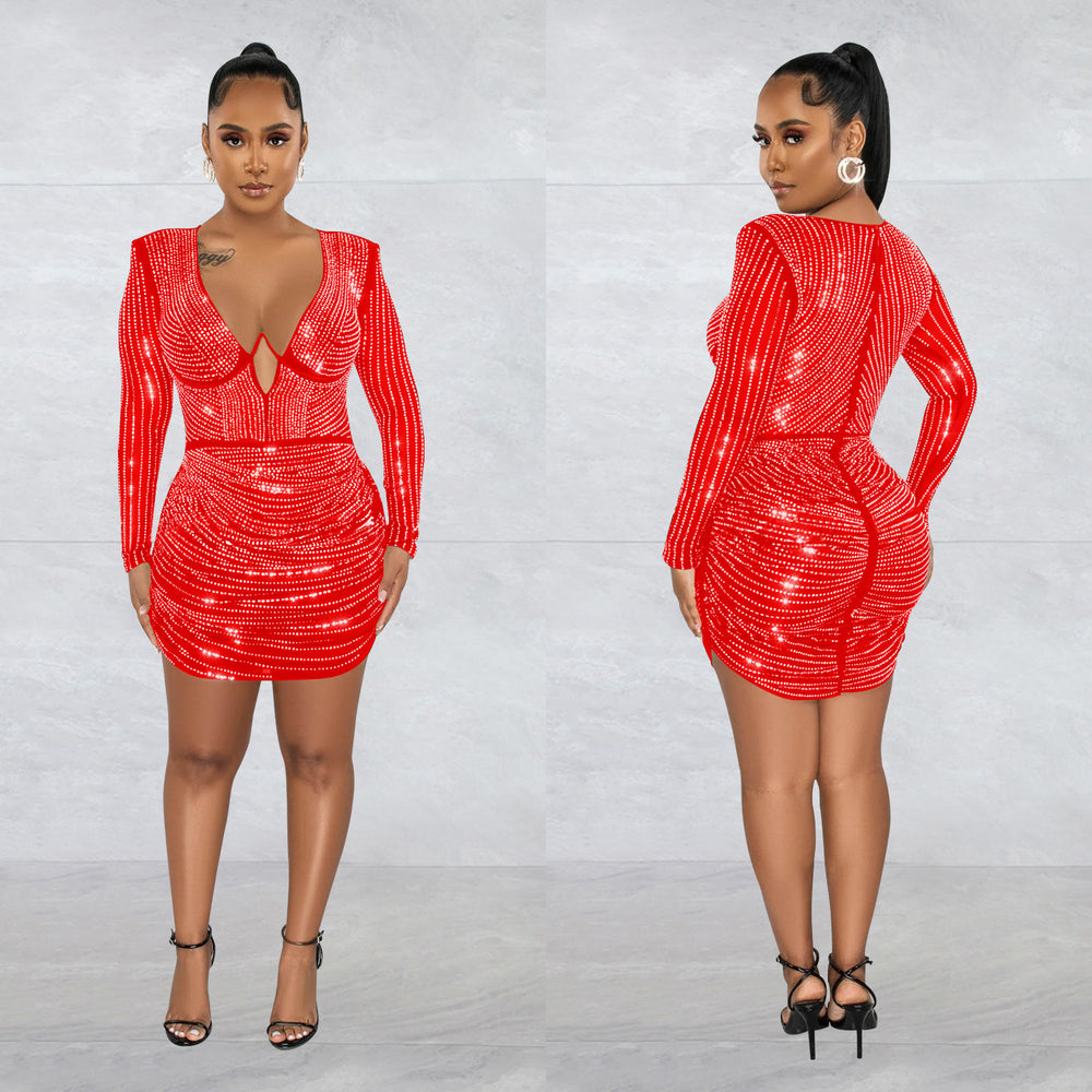 C6376 cross-border   fashion women's solid color mesh rhinestone temperament mini dress