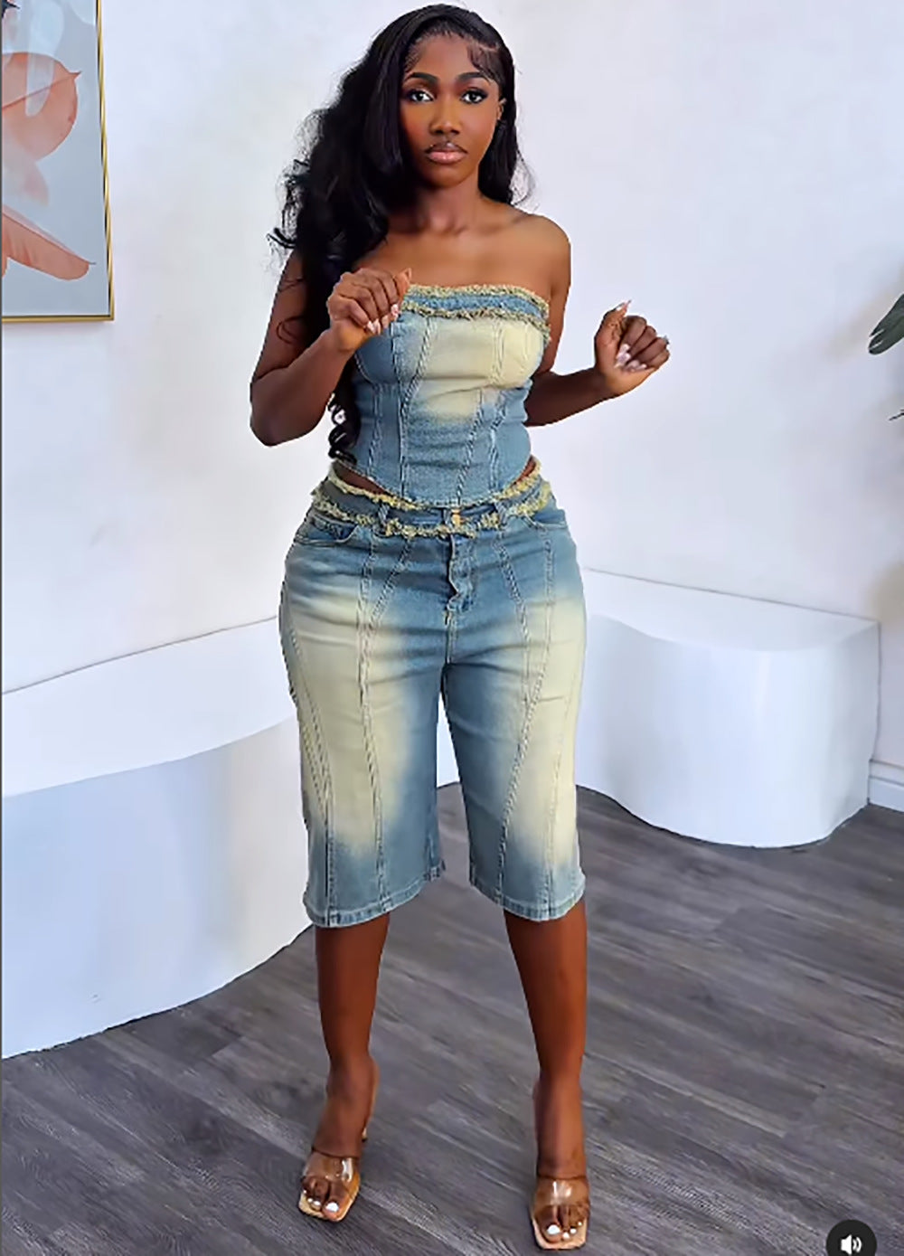 European and american style women's denim set -  cross-border fashion: raw hem bandeau top & high-waisted denim shorts