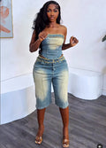European and american style women's denim set -  cross-border fashion: raw hem bandeau top & high-waisted denim shorts