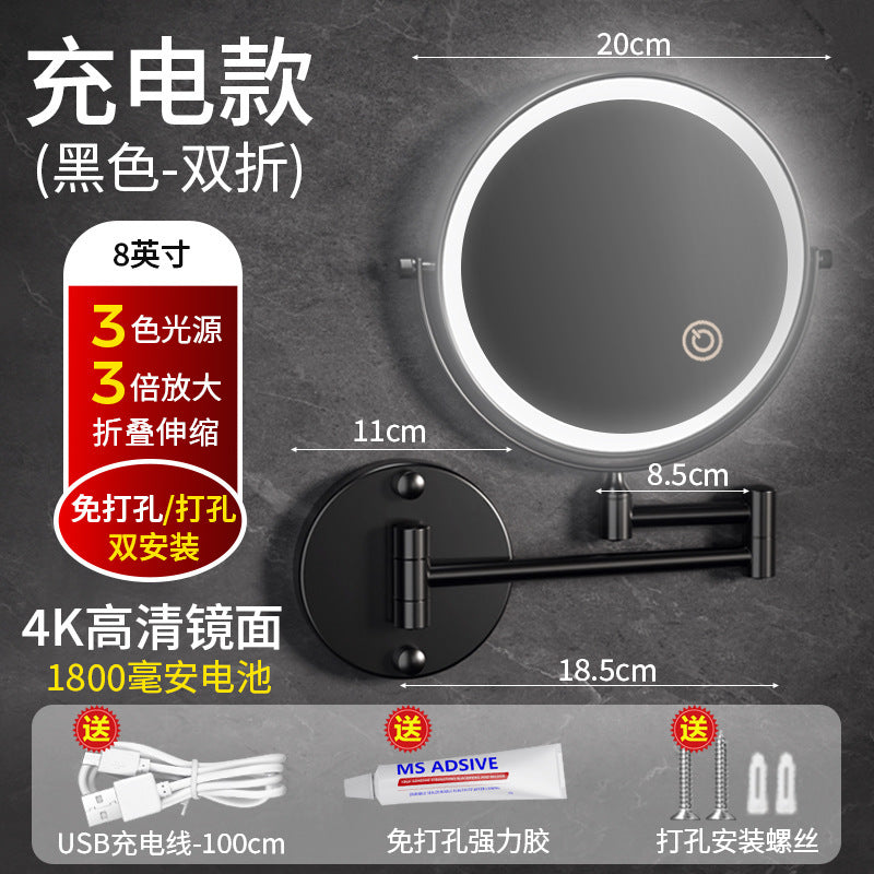 Wholesale cosmetic mirror led non-punching wall hanging folding lamp mirror hotel bathroom telescopic double-sided cosmetic mirror