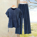European and american plus size women's fashion denim two-piece set: casual drawstring top + elastic waist wide leg pants