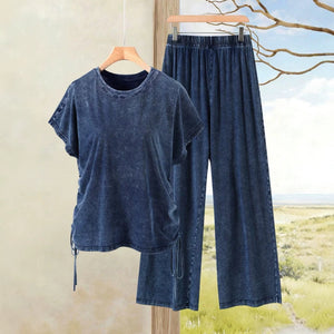 European and american plus size women's fashion denim two-piece set: casual drawstring top + elastic waist wide leg pants