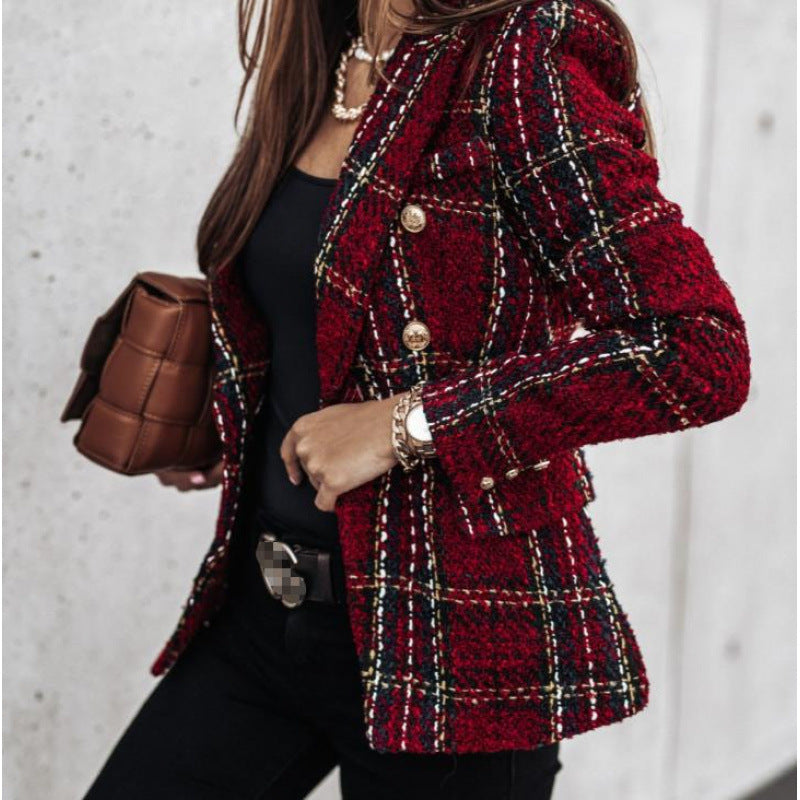 Independent station new arrival fall and winterlong sleeves double-breasted suit collar printing small outwear women's clothing