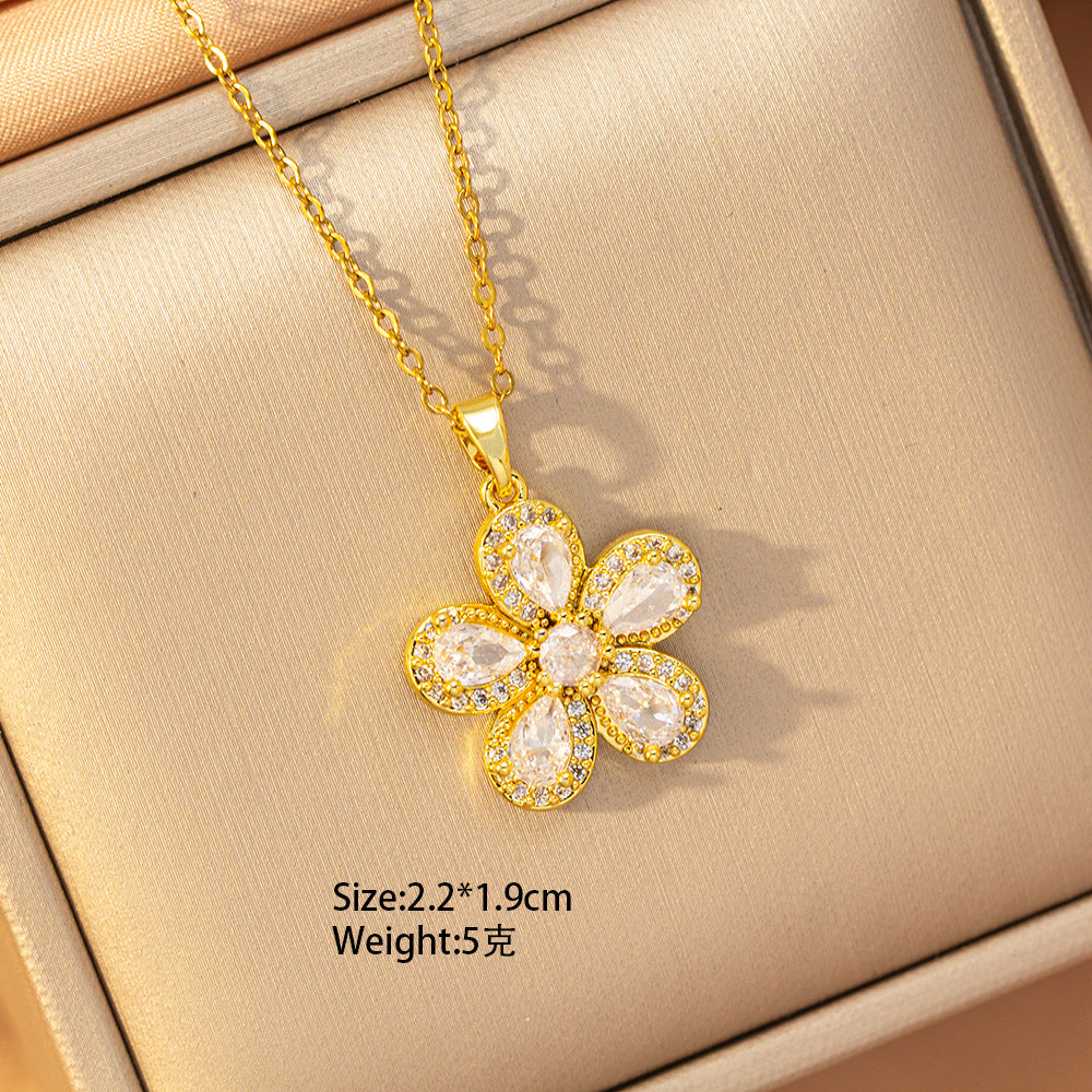 [copper inlaid with zirconium] cross-border popular diamond-encrusted titanium steel flower necklace for women, high-end, accessible luxury fashion clavicle chain jewelry