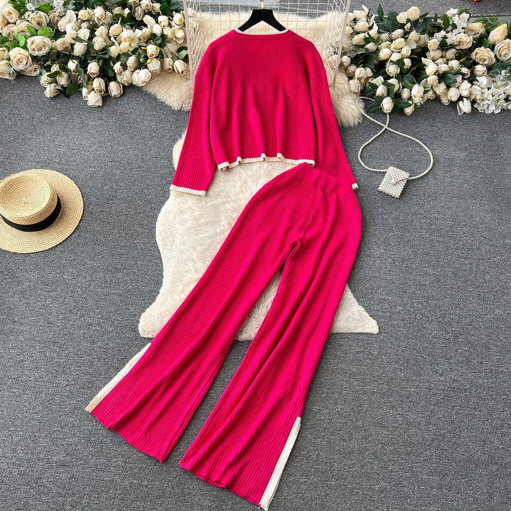 Hong kong style retrofashioncasualloose round neck long sleevesknitting shirttopstwo-piece set women's high waistcontrast color side pants